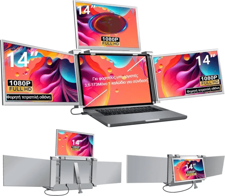 14 ιντσών οθόνη επέκτασης laptop, τριπλή οθόνη 1200P FHD με περιστροφή 360°, φορητή και εύκολη στη χρήση